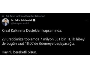 Bakan Pakdemirli, 7 milyon 331 bin TL’lik Kırsal Kalkınma Desteği ödemelerinin başladığını duyurdu