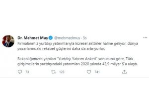 Türk girişimcilerin yurt dışındaki yatırımları 43,9 milyar dolar oldu