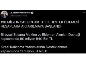 Bakan Pakdemirli: “138 milyon 343 bin liralık destek ödemesi hesaplara aktarılmaya başlandı”