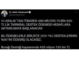 Bakan Pakdemirli, 5 farklı kalemde 486 milyon liralık desteğin 10 Aralık’ta yatırılacağını duyurdu