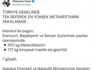 Bakan Soylu, tek seferde en yüksek metamfetaminin yakalandığını duyurdu