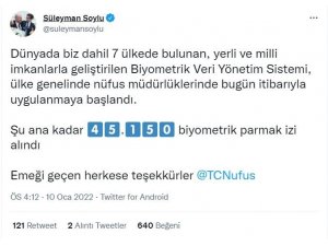 Soylu: “Biyometrik Veri Yönetim Sistemi ile 45 bin 150 biyometrik parmak izi alındı”