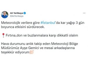 İstanbul Valisi Ali Yerlikaya sosyal medya hesabından kar yağışı ile ilgili paylaşım yaptı