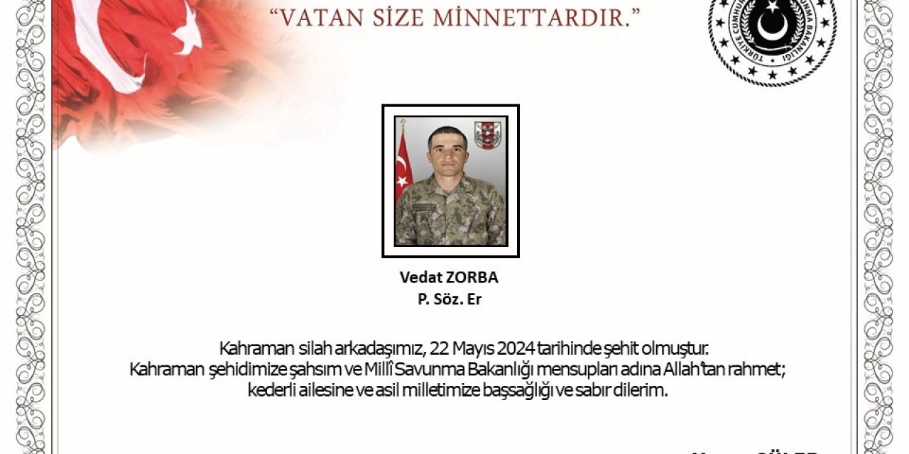 MSB: “Pençe-Kilit Operasyonu bölgesinde EYP patlaması sonucu yaralanan bir asker şehit oldu”