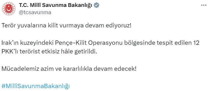 Irak’ın kuzeyinde 12 PKK’lı terörist etkisiz hale getirildi