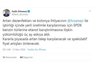 “EPDK benzin türlerine etanol karıştırılmasına ilişkin yükümlülüğü 3 ay askıya aldı”