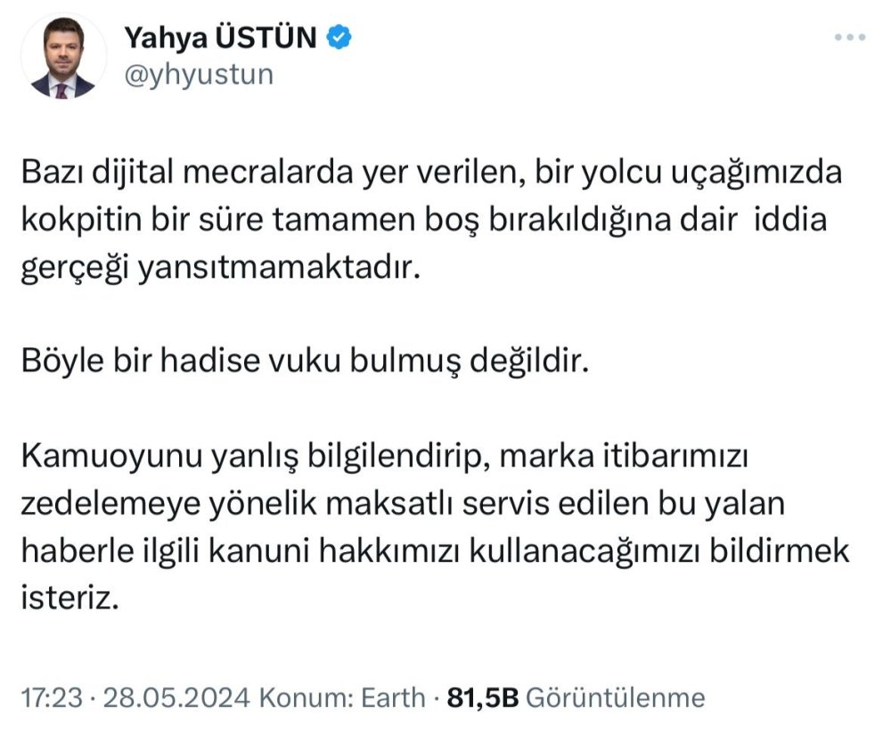 THY’den uçağın kokpitinin bir süre boş kaldığı gündeme oturdu